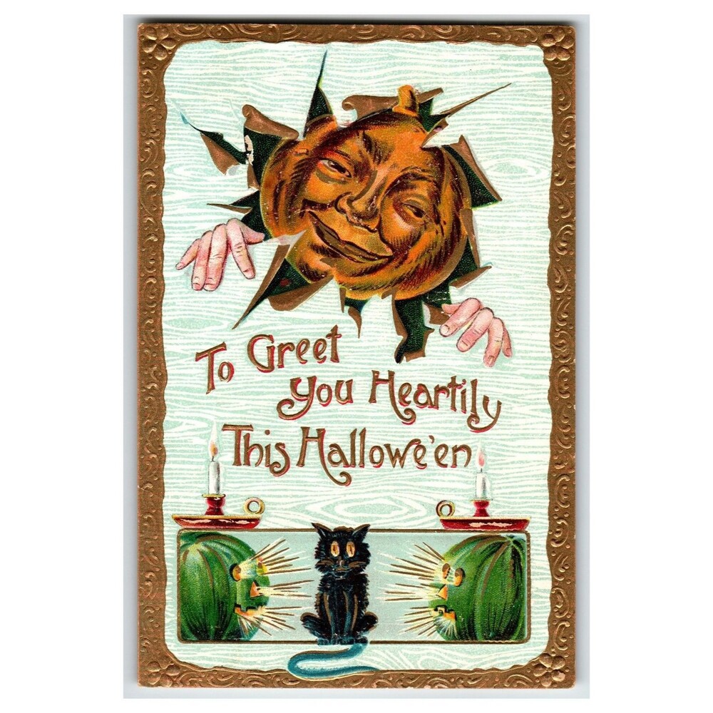 Vintage Halloween Postcard with Smiling Pumpkin & Black Cat, Divided Back